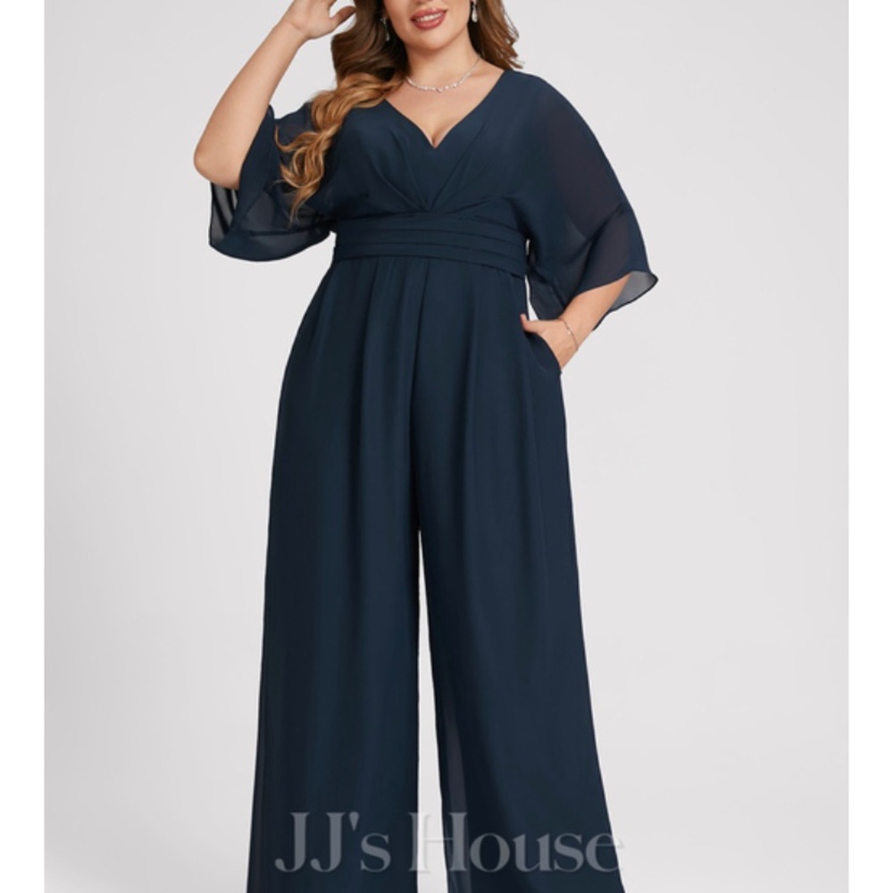 Dark green, formal v-neck, chiffon jumpsuit from JJs House. NWT